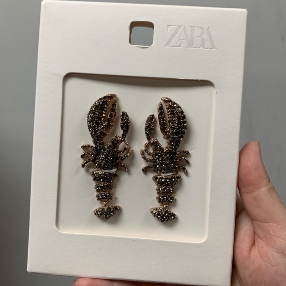 Zara NWT Woman Accessories RHINESTONE LOBSTER EARRINGS Anthracite Grey festival - Picture 5 of 8
